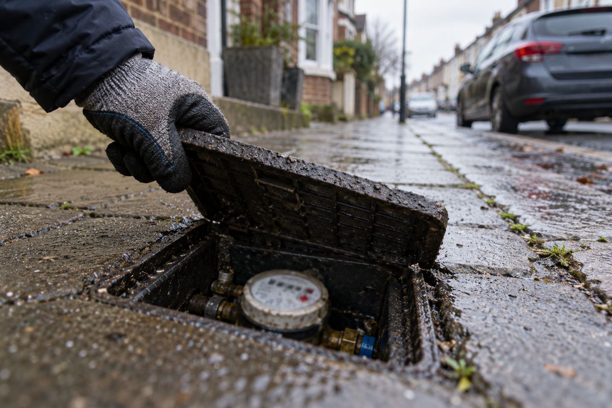 Hand opening a pavement water meter box outside a terraced house