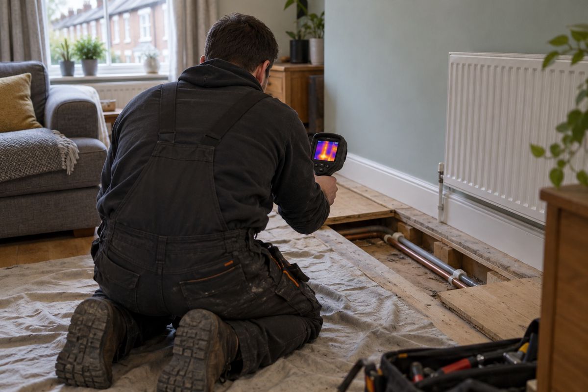 Plumber using a thermal camera over lifted floorboards to trace a leak