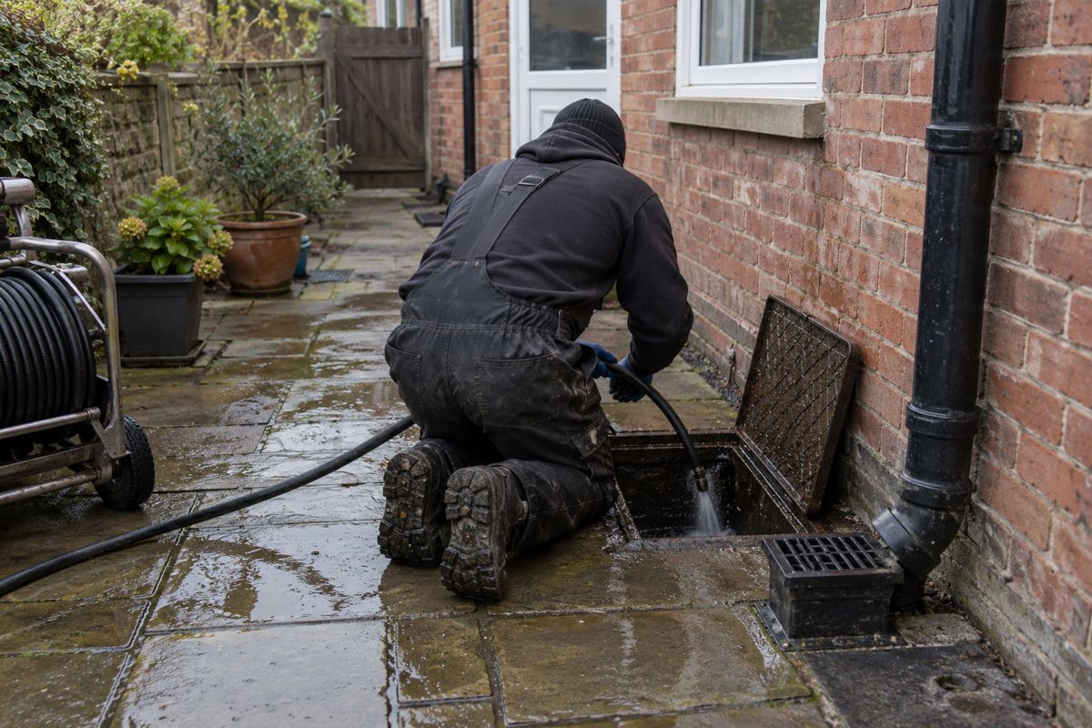 Plumber jetting a drain at an open chamber in a back yard