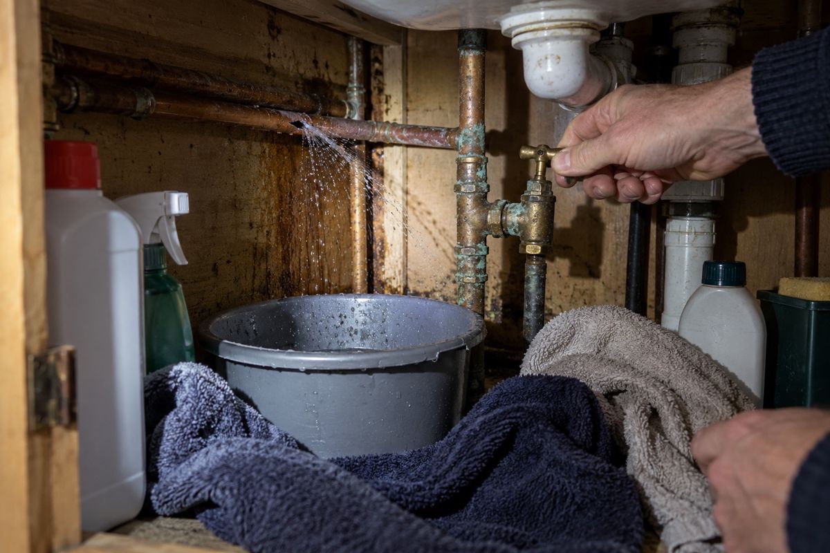 Hand closing a stopcock beneath a sink with a leaking pipe