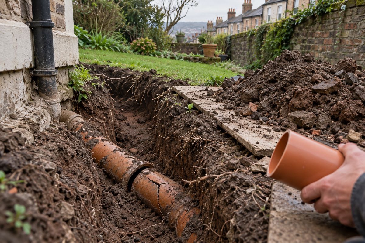 Trench in a terraced garden exposing a cracked clay drain pipe