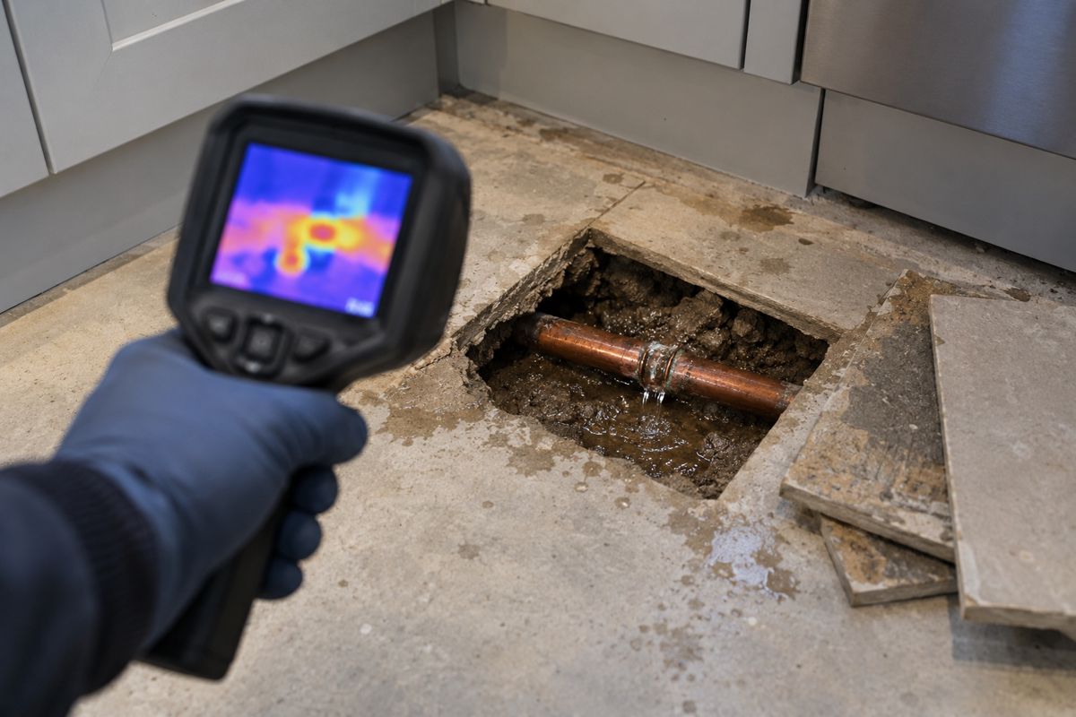 Concrete floor opened up to show a leaking copper pipe