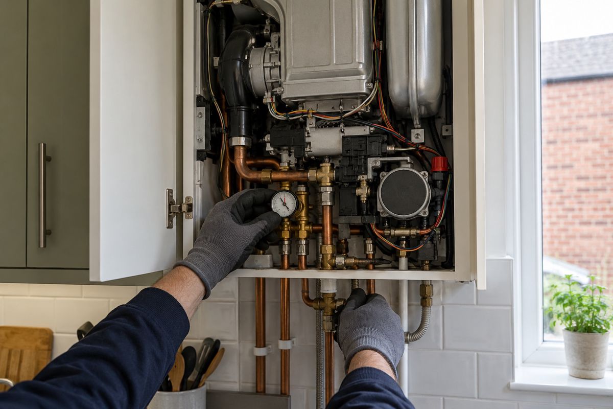 Plumber's gloved hands checking a combi boiler in a kitchen cupboard